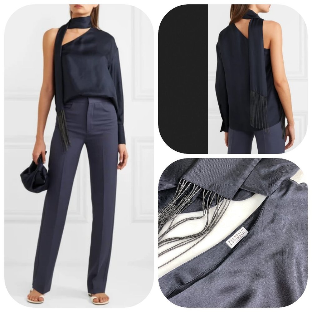 Auc BRUNELLO CUCINELLI  One-sleeve tie-neck Metal fringed silk-twill top NWT